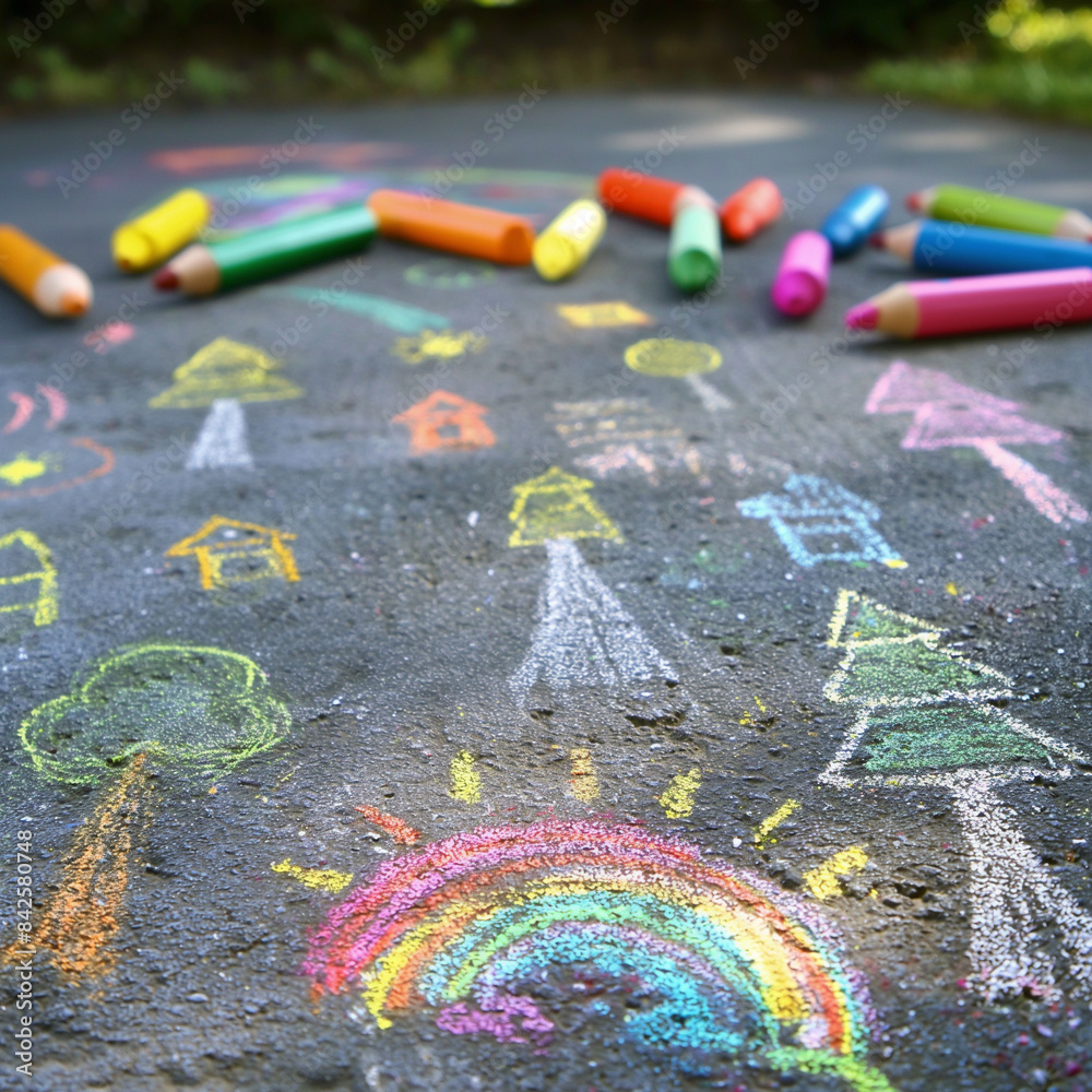Obraz premium Children's drawing with colored chalk on the asphalt, Children's Day, art, illustration, ai generative 