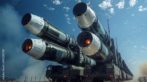 A group of the world's largest intercontinental ballistic missiles, blue sky. Generative AI.