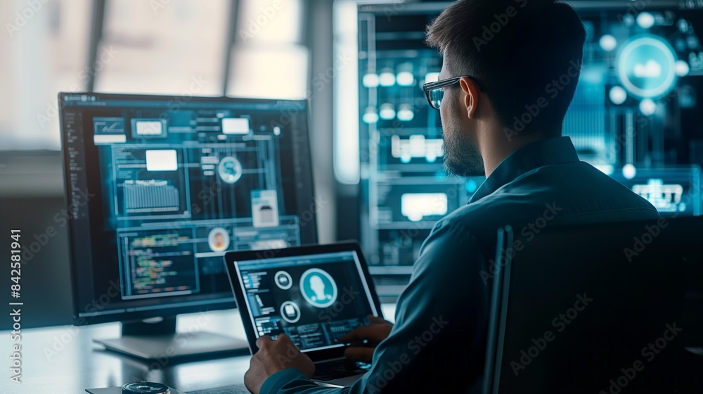 Professional analyzing virtual profiles on laptop. Networking and recruitment technology concept. Professional analyzing virtual profiles on laptop. Networking and recruitment technology concept.