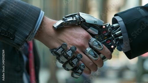 A handshake between a businessperson and a robot, signifying the integration of technology and human expertise in the workplace.