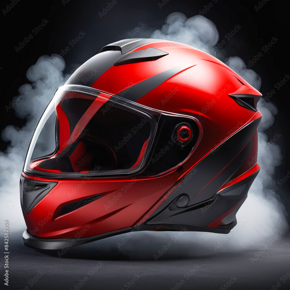 Fototapeta premium Red And Black Ventilated Motorcycle Full Face Racing Helmet On A Dark Isolated Background Surrounded By Smoke 300 PPI high resolution Product Photography Style