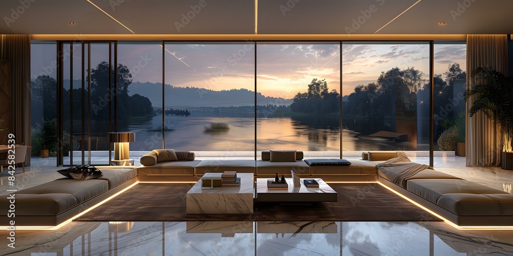 Fototapeta premium Modern living room with lake view at sunset