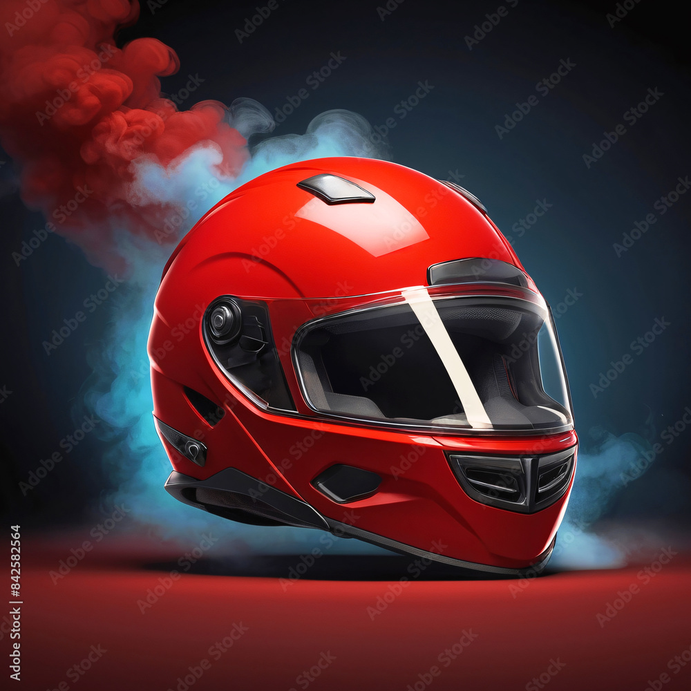 Red And Black Ventilated Motorcycle Full Face Racing Helmet On A Dark Isolated Background Surrounded By Smoke 300 PPI high resolution Product Photography Style Red And Black Ventilated Motorcycle Full Face Racing Helmet On A Dark Isolated Background Surrounded By Smoke 300 PPI high resolution Product Photography Style