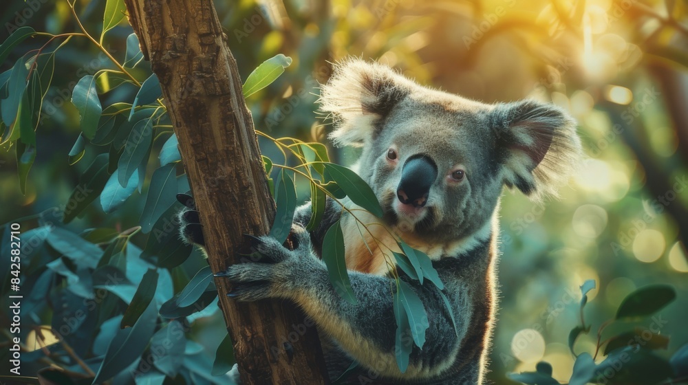 Wildlife animal photography - Cute koala bear hanging on eucalyptus tree Wildlife animal photography - Cute koala bear hanging on eucalyptus tree
