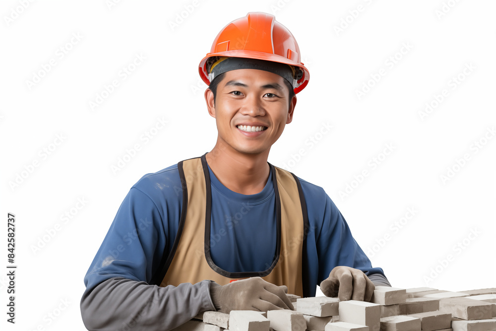 Smiling asian men bricklayer in work clothes on a white background. Mason at work. Job. Asian bricklayer. Image for graphic designer. Image for flyers. Construction company. AI
Smiling asian men bricklayer in work clothes on a white background. Mason at work. Job. Asian bricklayer. Image for graphic designer. Image for flyers. Construction company. AI