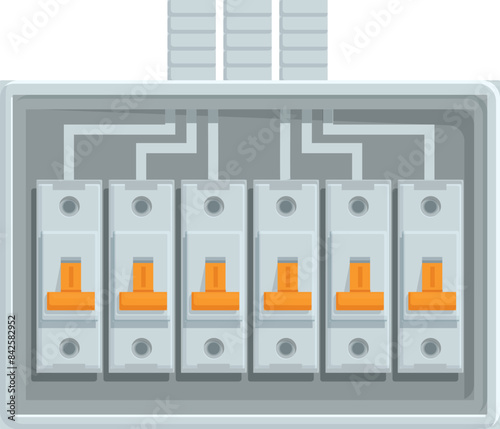 Electrical panel is distributing electricity through six circuit breakers, ensuring safety and control over the flow of power