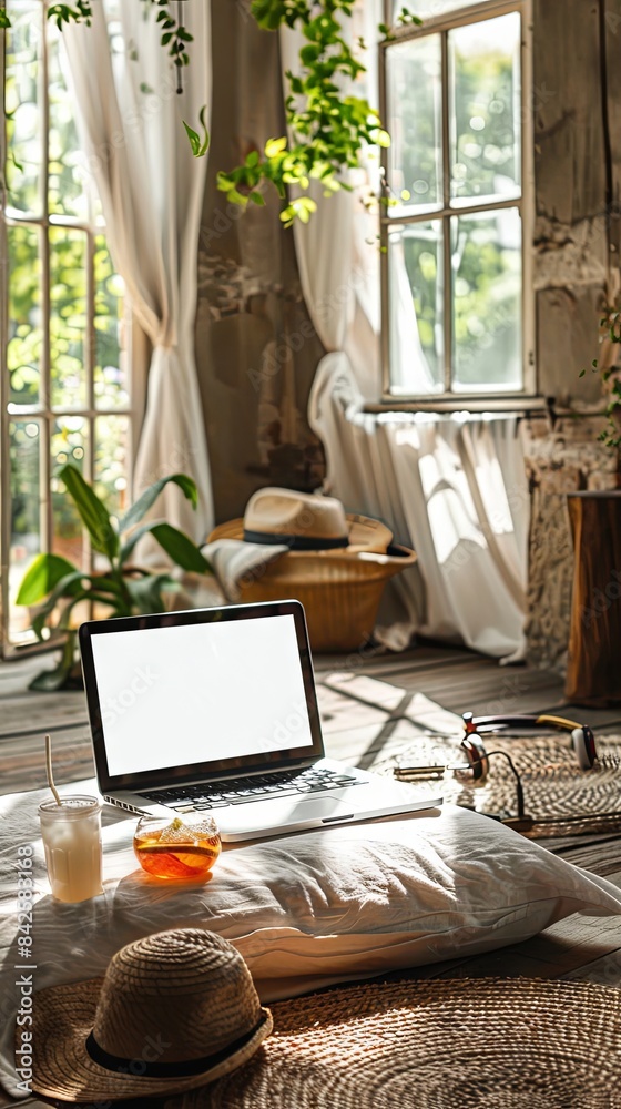 Fototapeta premium Laptop with white screen on desktop in cozy summer room with iced drink 