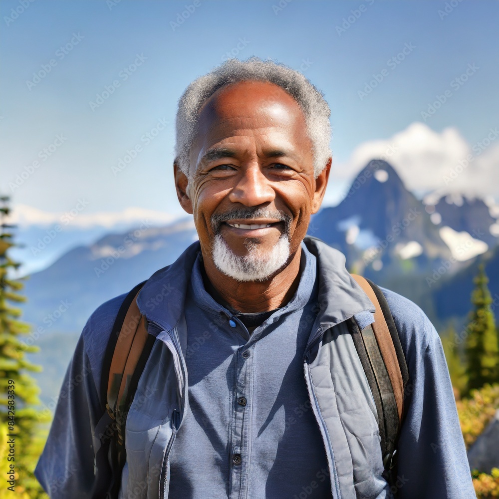 Black senior man tourist visiting mountain landscape resembling British Columbia, Canada. AI generated image. Black senior man tourist visiting mountain landscape resembling British Columbia, Canada. AI generated image.