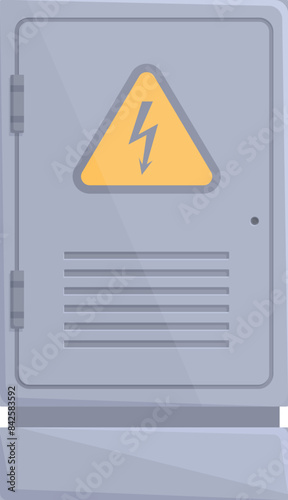 Grey metal electrical cabinet with ventilation showing high voltage sign is standing on concrete base