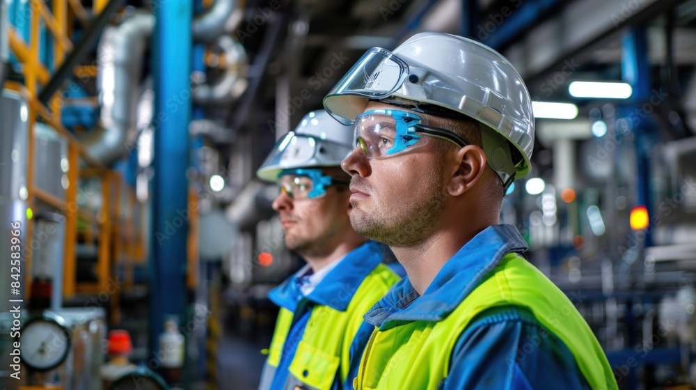 Obraz premium Workers in Safety workers wearing personal protective equipment (PPE) such as hard hats, safety glasses, and reflective vests, performing tasks within the factory