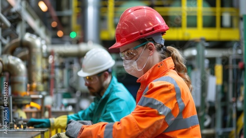 Workers in Safety workers wearing personal protective equipment (PPE) such as hard hats, safety glasses, and reflective vests, performing tasks within the factory