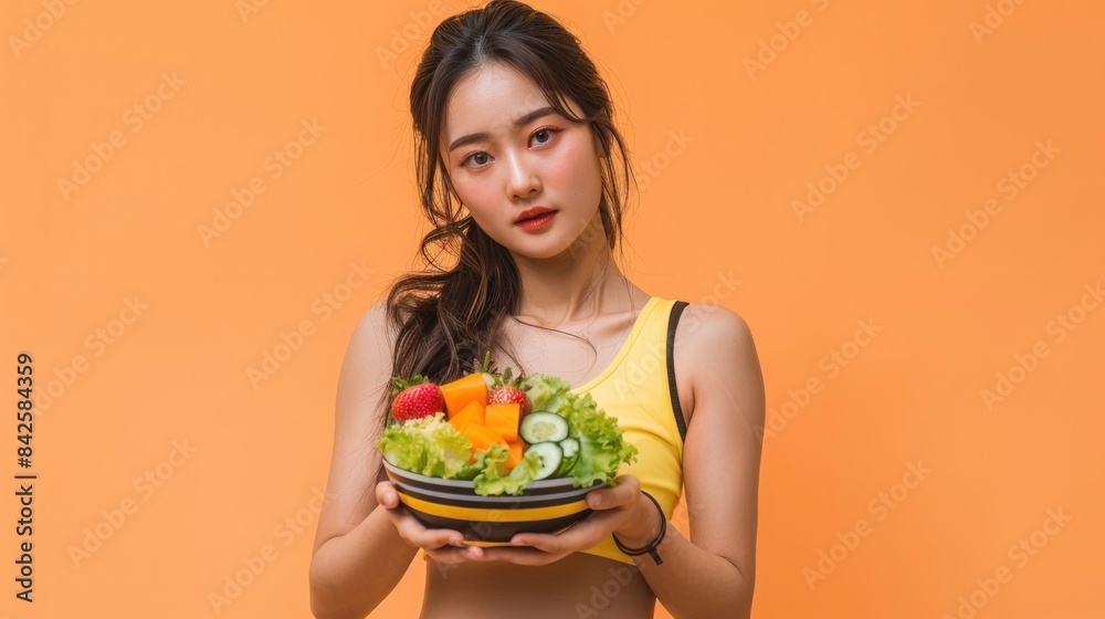Sporty Asian woman in sportswear holding salad bowl fill with vibrant of fruit and vegetable. Sporty Asian woman in sportswear holding salad bowl fill with vibrant of fruit and vegetable.