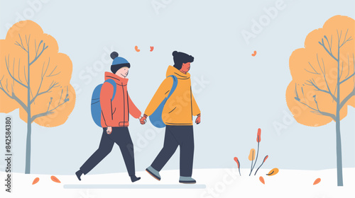Two people walking together through snowy park, dressed warmly winter weather. Multicultural couple enjoys leisurely stroll, surrounded bare trees falling leaves. Winter scene depicts friendship