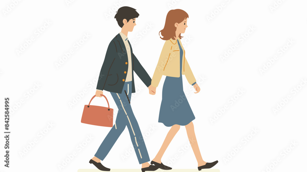 Fototapeta premium Man woman walking side side, both dressed smart casual outfits, carrying briefcase purse respectively. Couple strolling together, professionally dressed simple, modern style, displaying neutral