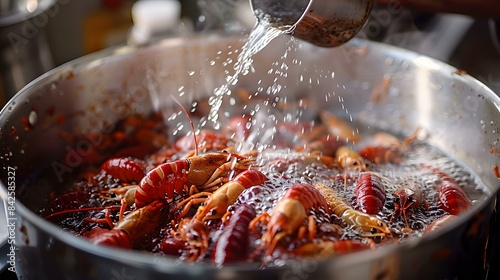 Cooking crayfish in a large pot photo