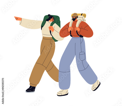 Hiker couple hiking. Tourists walking with backpacks. Campers in trekking adventure, travel. Man and woman backpackers going, exploring. Flat vector illustration isolated on white background