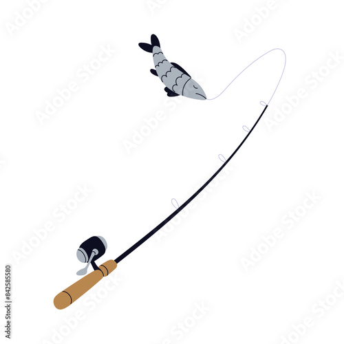 Fishing rod, pole, catching fish with hook and bait. Trophy caught with angle, line equipment, gear. Outdoors activity, recreation, line and lure. Flat vector illustration isolated on white background