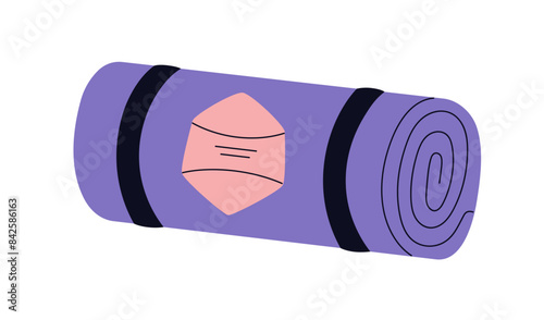 Travel mat roll for hiking and camping. Soft foam pad for trekking, outdoor adventure, exercising. Travel equipment, touristic mattress. Flat vector illustration isolated on white background