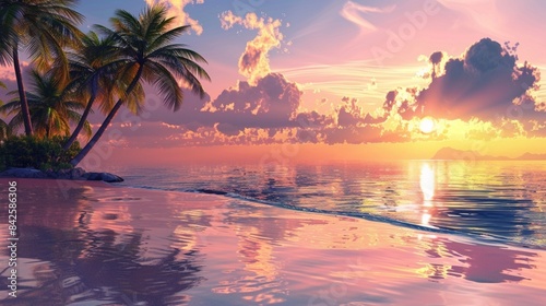 A tranquil tropical beach at sunset with palm trees and a serene ocean reflecting the warm colors of the sky.