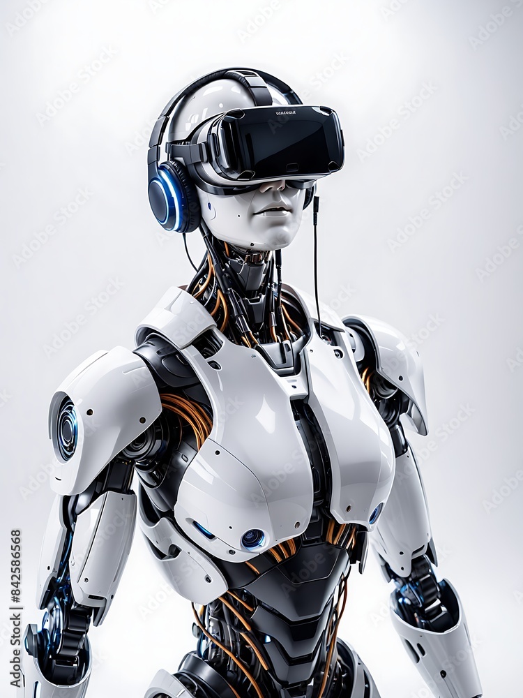 Fototapeta premium female cyborg robot wearing vr headset, Cyborg robot with cybernetic implants wearing virtual reality glasses
