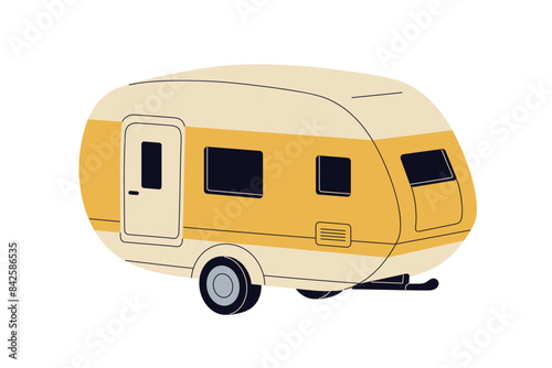 Trailer, camping caravan. RV, motorhome. Wheeled mobile house, campervan for adventure. Holiday transport home, camper van, recreational vehicle. Flat vector illustration isolated on white background