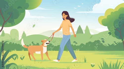 Happy asian woman playing with dog together in park outdoors, summer vacation AI generated
