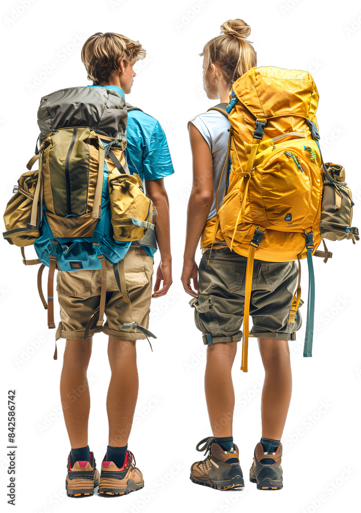 [Transparent Background PNG]Two people with backpacks are standing back to back