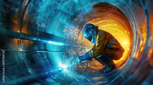 Heavy Industry Welder Working, Welding Inside Pipe. Construction of NLG Natural Gas and Fuels Transport Pipeline. Clean Green Power and Energy Concept AI generated photo