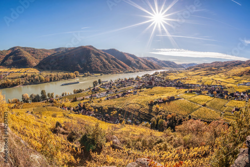 Autumn panorama of Wachau valley (Unesco world heritage site) with colorful vineyard and Danube river near the Weissenkirchen village in Lower Austria, Austria