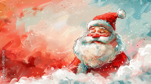 Santa Claus in the Clouds for Christmas Cards - Santa Claus with a cheerful expression surrounded by clouds and festive colors, perfect for Christmas cards.