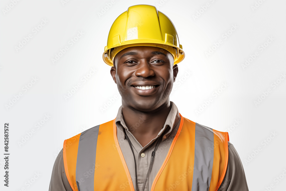 Smiling men bricklayer in work clothes on white background. Mason at work. Black men. African American man. Job. construction company. AI	