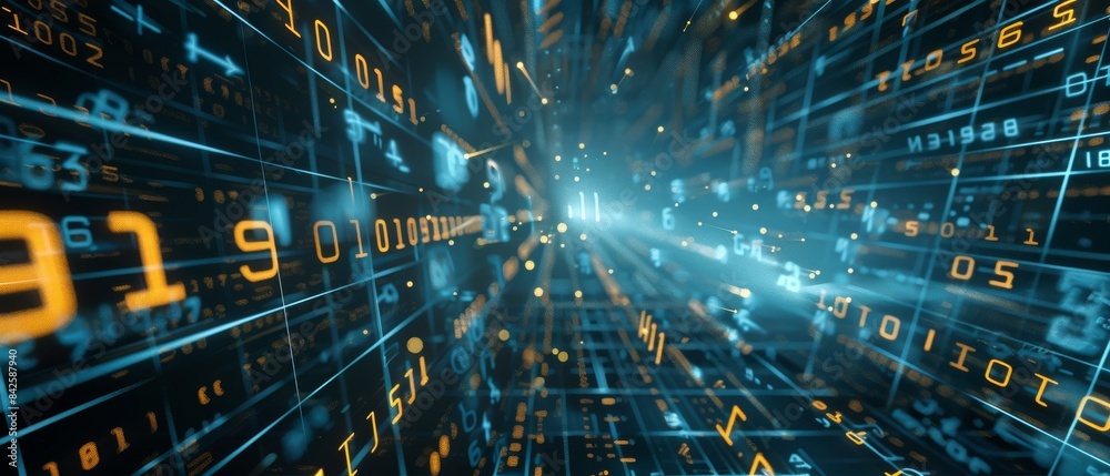 Abstract depiction of advanced numbers and binary code with a stream of glowing digits and digital elements, illustrating futuristic data transmission and information flow Abstract depiction of advanced numbers and binary code with a stream of glowing digits and digital elements, illustrating futuristic data transmission and information flow