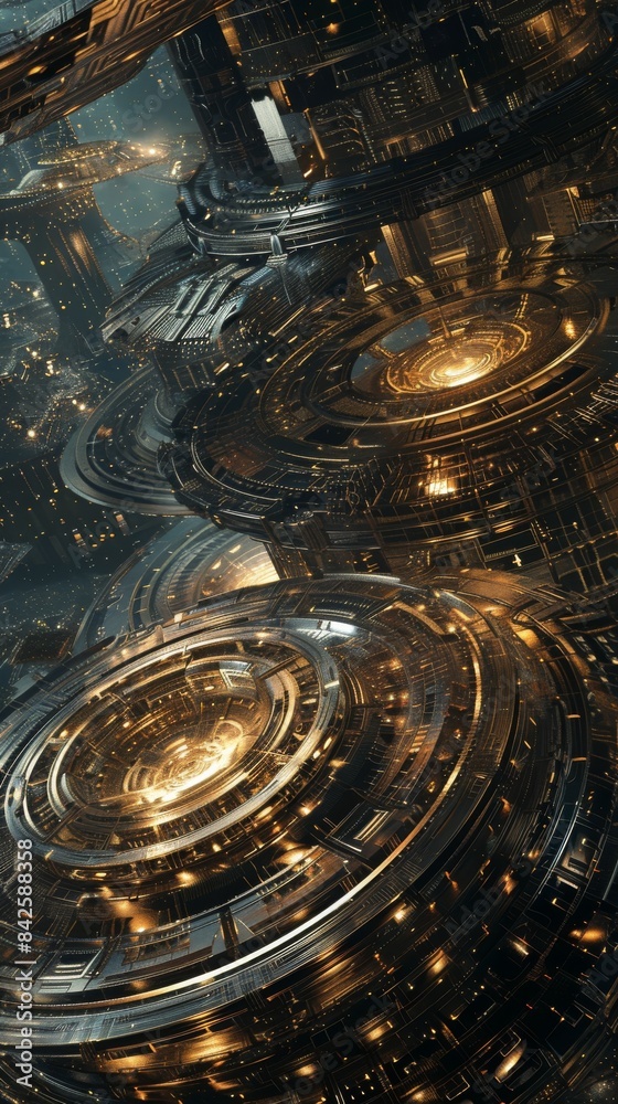 Abstract depiction of sci-fi technology with concentric circular structures and glowing elements, illustrating advanced futuristic machinery and cybernetic design Abstract depiction of sci-fi technology with concentric circular structures and glowing elements, illustrating advanced futuristic machinery and cybernetic design