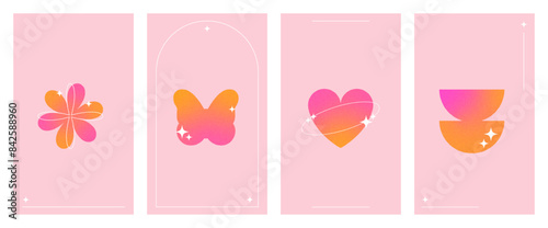 Aesthetic retro posters with grainy texture abstract shapes. Blurred gradient 2000s backgriund with heart, butterfly, flower symbols in pink and orange colors with white sparckles illustration. Vector photo
