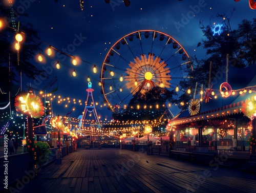 Photo of a nighttime outdoor amusement park, music festival, neon colors, Ferris wheel, concert © Elena