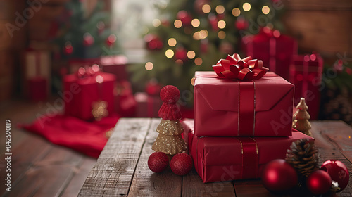 Christmas Gifts with Pine Cones - Christmas gifts adorned with ribbons and pine cones sit on a wooden surface, with a festive background of a decorated Christmas tree and holiday decorations.