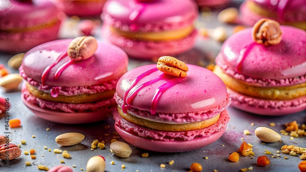 A Variety Of Pink Macarons Are Displayed On A Table. The Macarons Are Topped With A Variety Of Nuts And Icing.