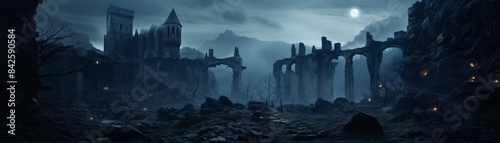 A dark, mossy path leads through a desolate, abandoned city. The buildings are crumbling and the sky is overcast, creating a sense of foreboding and isolation