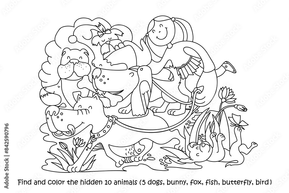 Girl walks the dogs. Find and color hidden objects in the picture. Coloring page for kids. Hidden object puzzle game. Sketch vector illustration of funny cartoon characters.