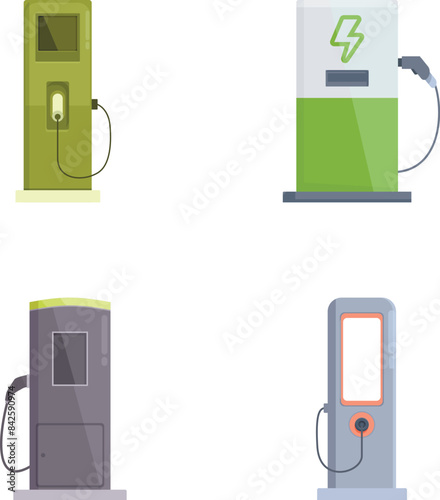 Illustration of four different fuel pumps and electric vehicle charging stations