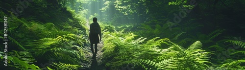Hiker trekking through a lush, emeraldgreen forest, with the path winding through ferns and wildflowers, bathed in the soft light of dawn, evoking a sense of peace and discovery