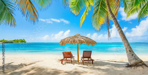 Chairs Under Parasol In Sand Beach of beautiful tropical view with white sand  turquoise ocean and blue sky with clouds