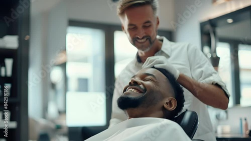 Barber Styling a Man's Hair in a Modern Salon photo