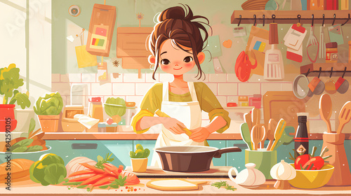 a girl is cooking in the kitchen