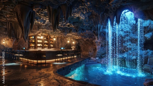 Exotic bar in an underground cave with a waterfall