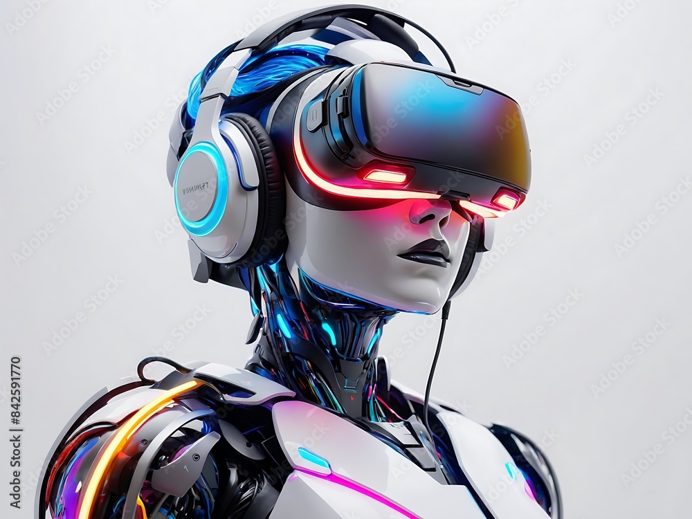 Fototapeta premium female cyborg robot wearing a vr headset, Beautiful cyborg robot with cybernetic implants wearing virtual reality glasses