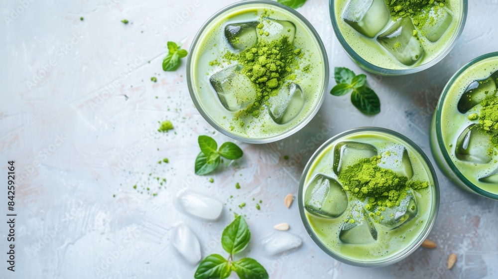 Top view of a vibrant green basil smoothie with ice cubes, garnished with fresh basil Top view of a vibrant green basil smoothie with ice cubes, garnished with fresh basil