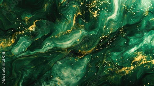 Abstract green and gold fluid art background.