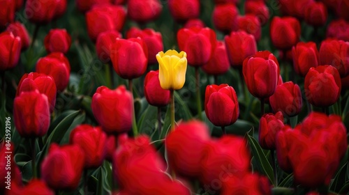 Single yellow tulip standing out in a field of red tulips.