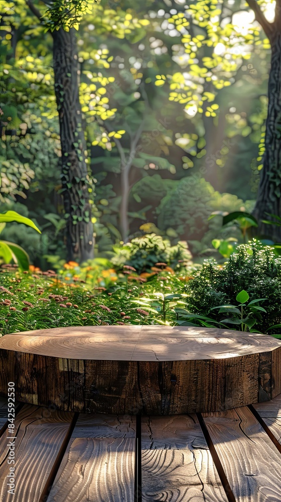 Wood podium in outdoors garden forest Wood podium in outdoors garden forest
